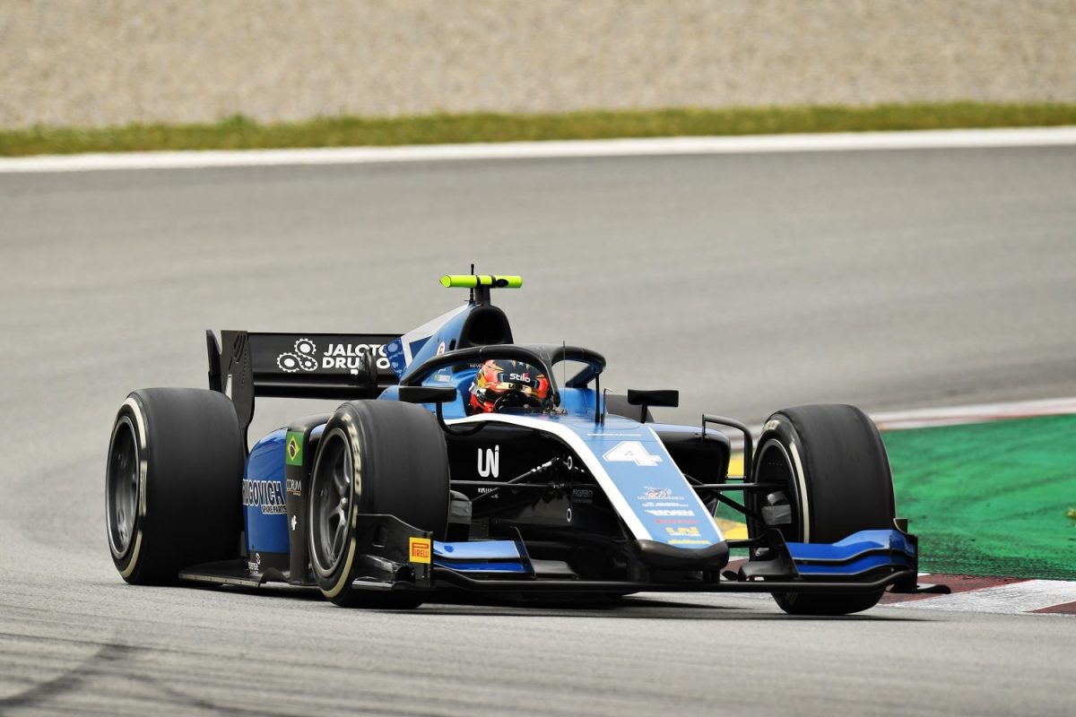 BARCELONA, SPAIN - APRIL 25: Felipe Drugovich of Brazil and UNI-Virtuosi Racing (4) drives during Day Three of Formula 2 Testing at Circuit de Barcelona-Catalunya on April 25, 2021 in Barcelona, Spain. (Photo by David Ramos - Formula 1/Formula Motorsport Limited via Getty Images)