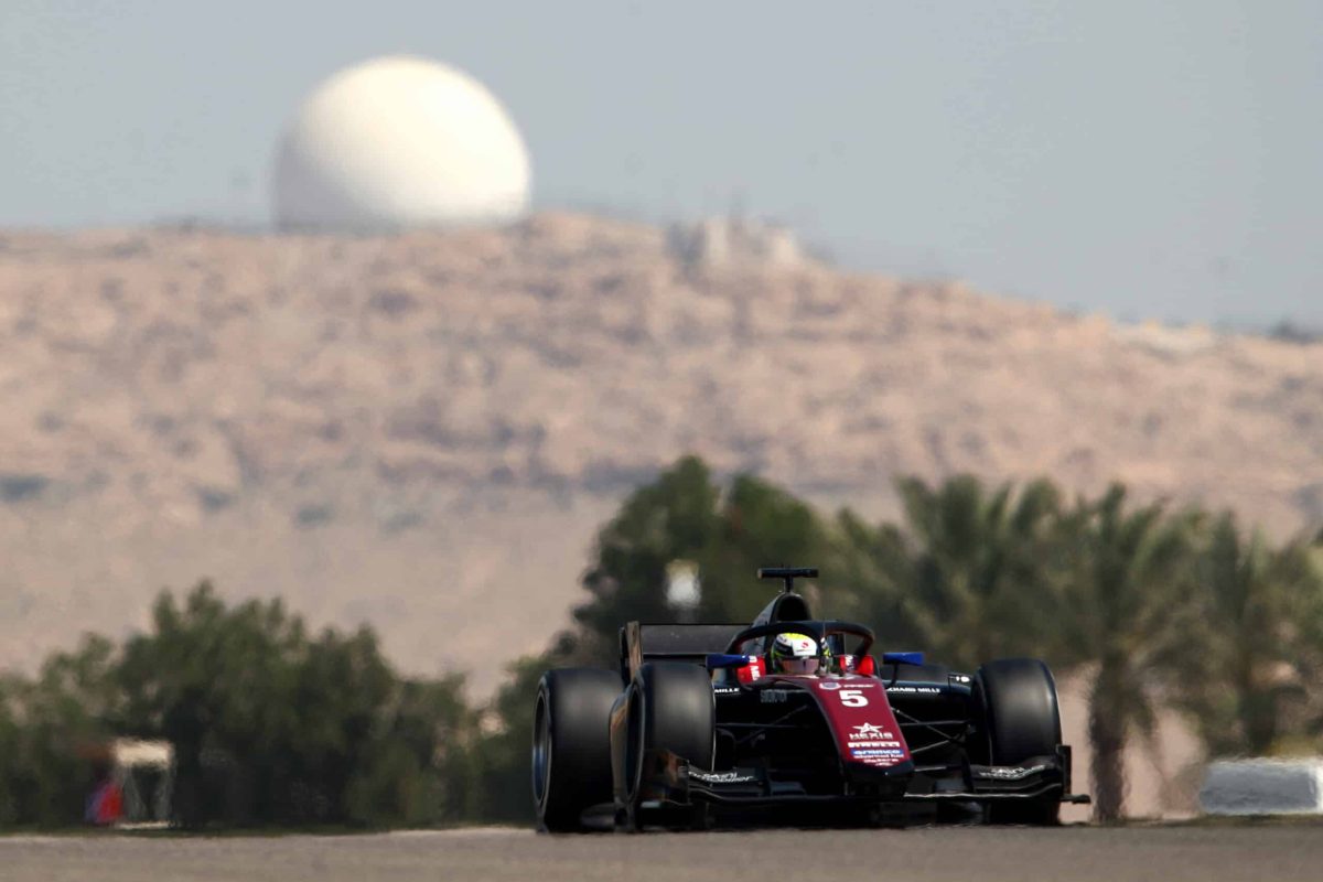 BAHRAIN, BAHRAIN - MARCH 03: Theo Pourchaire of France and ART Grand Prix (5) drives on track during practice ahead of Round 1:Sakhir of the Formula 2 Championship at Bahrain International Circuit on March 03, 2023 in Bahrain, Bahrain. (Photo by Joe Portlock - Formula 1/Formula Motorsport Limited via Getty Images)