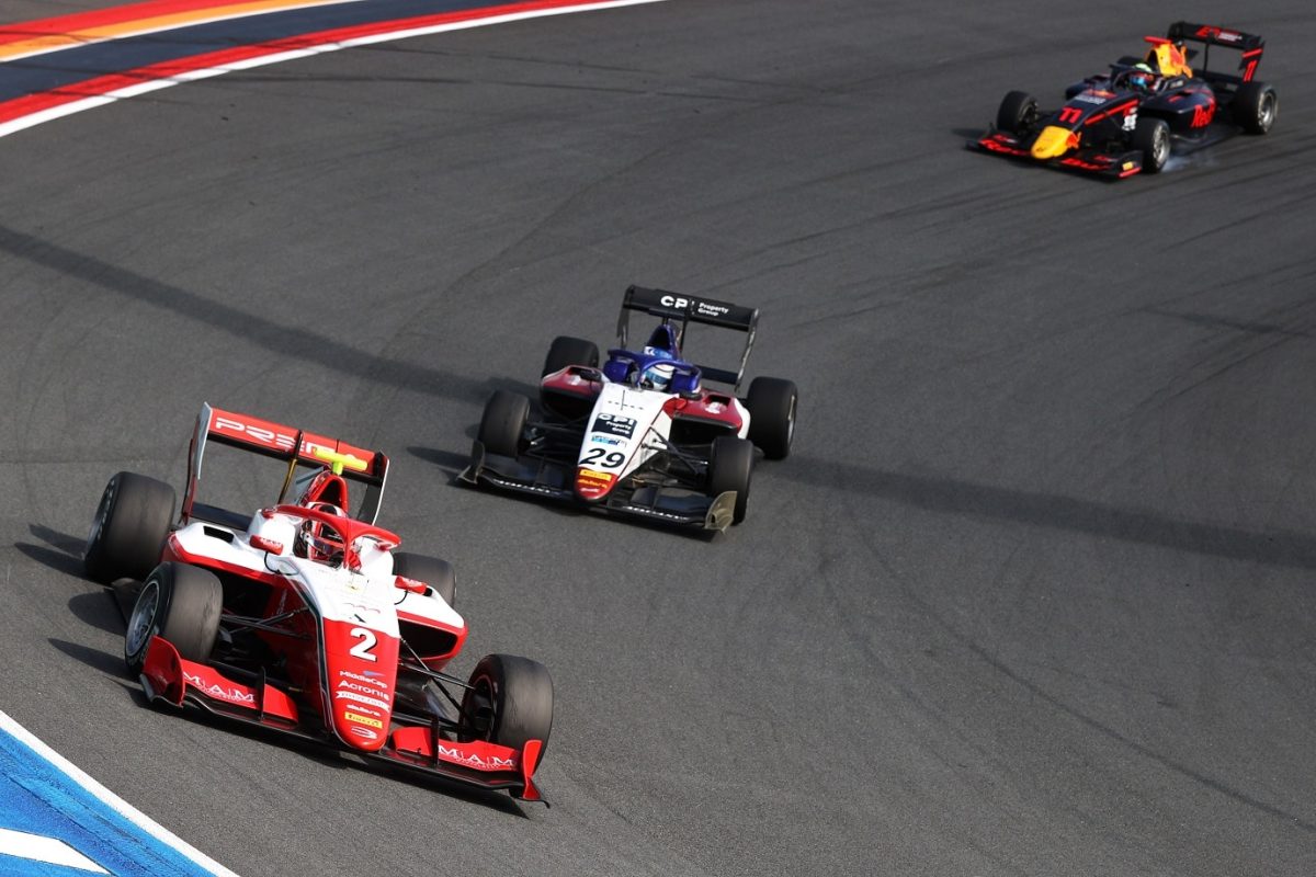 ZANDVOORT, NETHERLANDS - SEPTEMBER 04: Arthur Leclerc of Monaco and Prema Racing (2) leads Logan Sargeant of United States and Charouz Racing System (29) during race 1 of Round 6:Zandvoort of the Formula 3 Championship at Circuit Zandvoort on September 04, 2021 in Zandvoort, Netherlands. (Photo by Clive Rose - Formula 1/Formula Motorsport Limited via Getty Images)