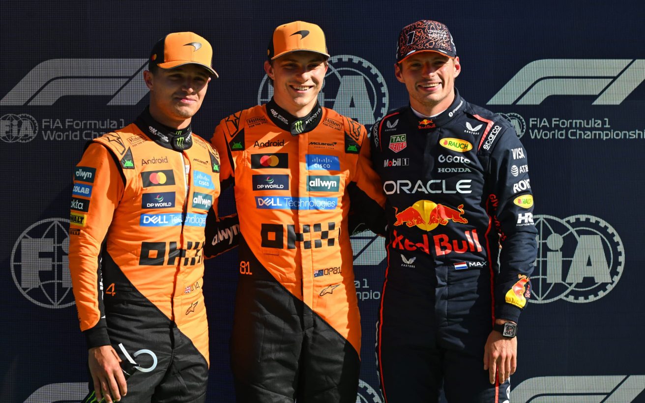 ZANDVOORT, NETHERLANDS - AUGUST 30: Pole position qualifier Oscar Piastri of Australia and McLaren Second placed qualifier Lando Norris of Great Britain and McLaren and Third placed qualifier Max Verstappen of the Netherlands and Oracle Red Bull Racing during qualifying ahead of the F1 Grand Prix of Netherlands at Circuit Zandvoort on August 30, 2025 in Zandvoort, Netherlands. (Photo by Rudy Carezzevoli/Getty Images) McLaren Racing Media