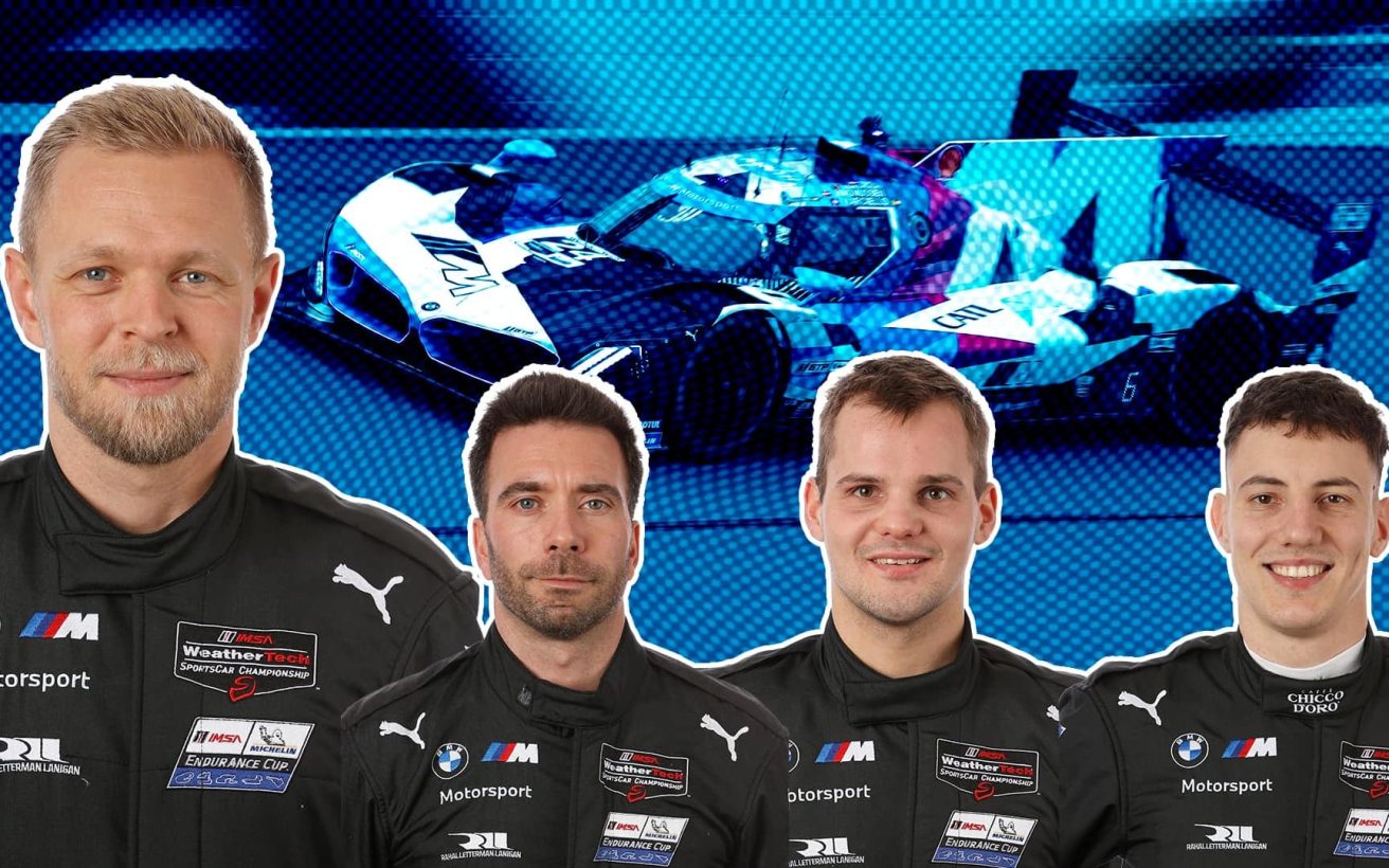 Kevin Magnussen, Philipp Eng, Dries Vanthoor, Raffaele Marciello, BMW. Fotos: IMSA. Illustration: Alex Brøndbjerg