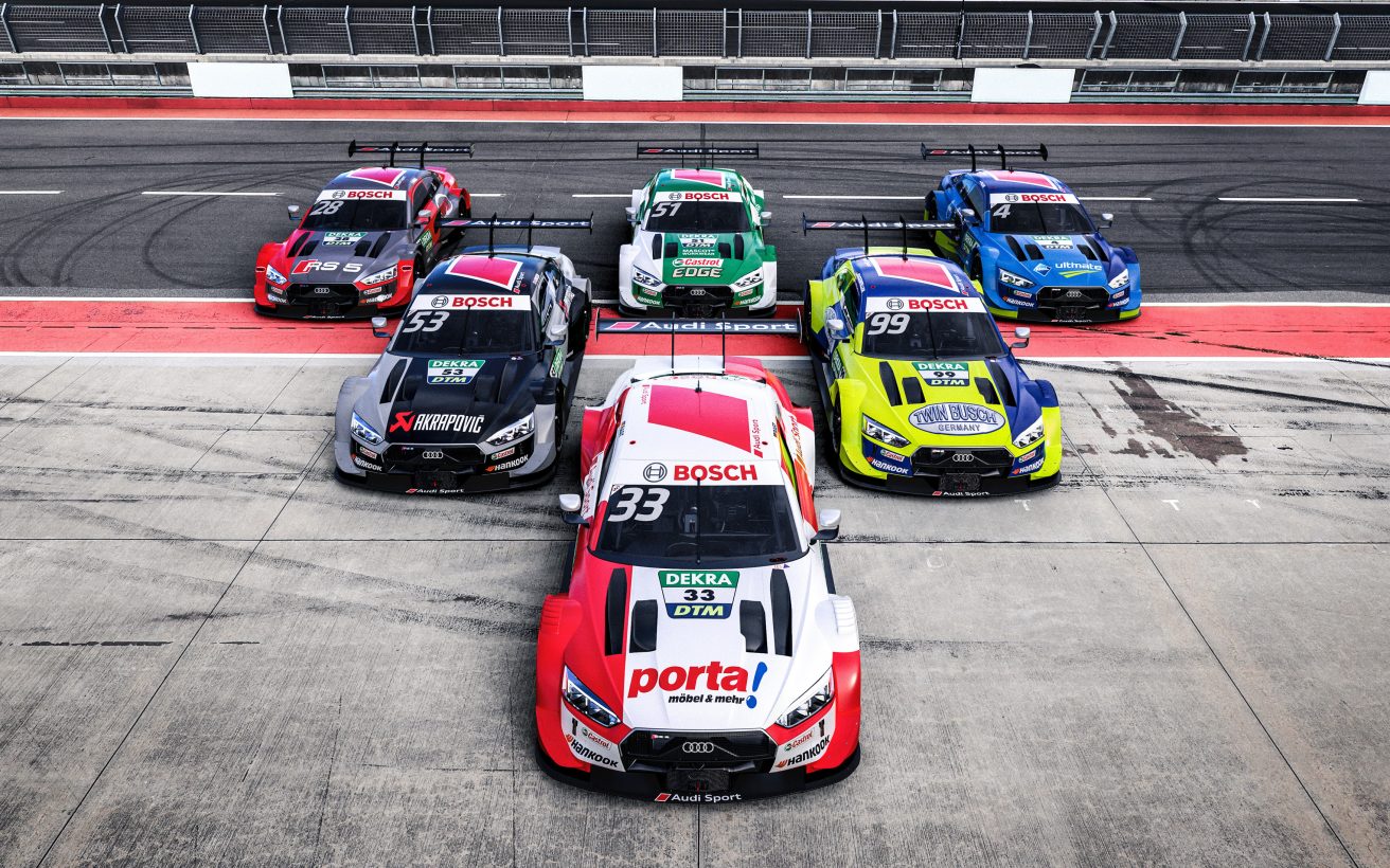 Aral Ultimate Audi RS 5 DTM #4 (Audi Sport Team Abt Sportsline), Robin Frijns; BMC Air Filter Audi RS 5 DTM #28 (Audi Sport Team Phoenix), Loïc Duval; Audi Sport RS 5 DTM #33 (Audi Sport Team Rosberg), René Rast; Castrol EDGE Audi RS 5 DTM #51 (Audi Sport Team Abt Sportsline), Nico Müller; Akrapovi? Audi RS 5 DTM #53 (Audi Sport Team Rosberg), Jamie Green; Twin Busch Audi RS 5 DTM #99 (Audi Sport Team Phoenix), Mike Rockenfeller
