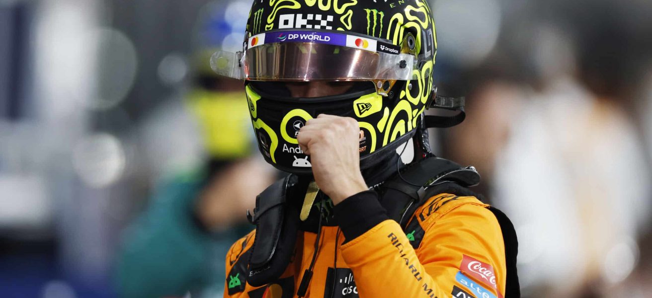 Lando Norris, McLaren F1 Team, celebrates in Parc Ferme after securing pole