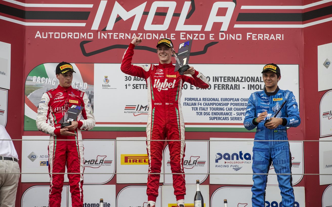 Prize giving ceremony, 64 Olli Caldwel (GBR, Prema Powerteam, Tatuus F3 T-318), 2 Frederik Vesti (DNK, Prema Powerteam, Tatuus F3 T-318), 17 Igor Fraga (BRA, DR Formula, Tatuus F3 T-318), Formula Regional European Championship, round 5, race 2, Imola (SMR), 30. August - 01. September 2019 *** Local Caption *** +++ www.premapowerteam.com +++ copyright: suer.photo / Thomas Suer +++