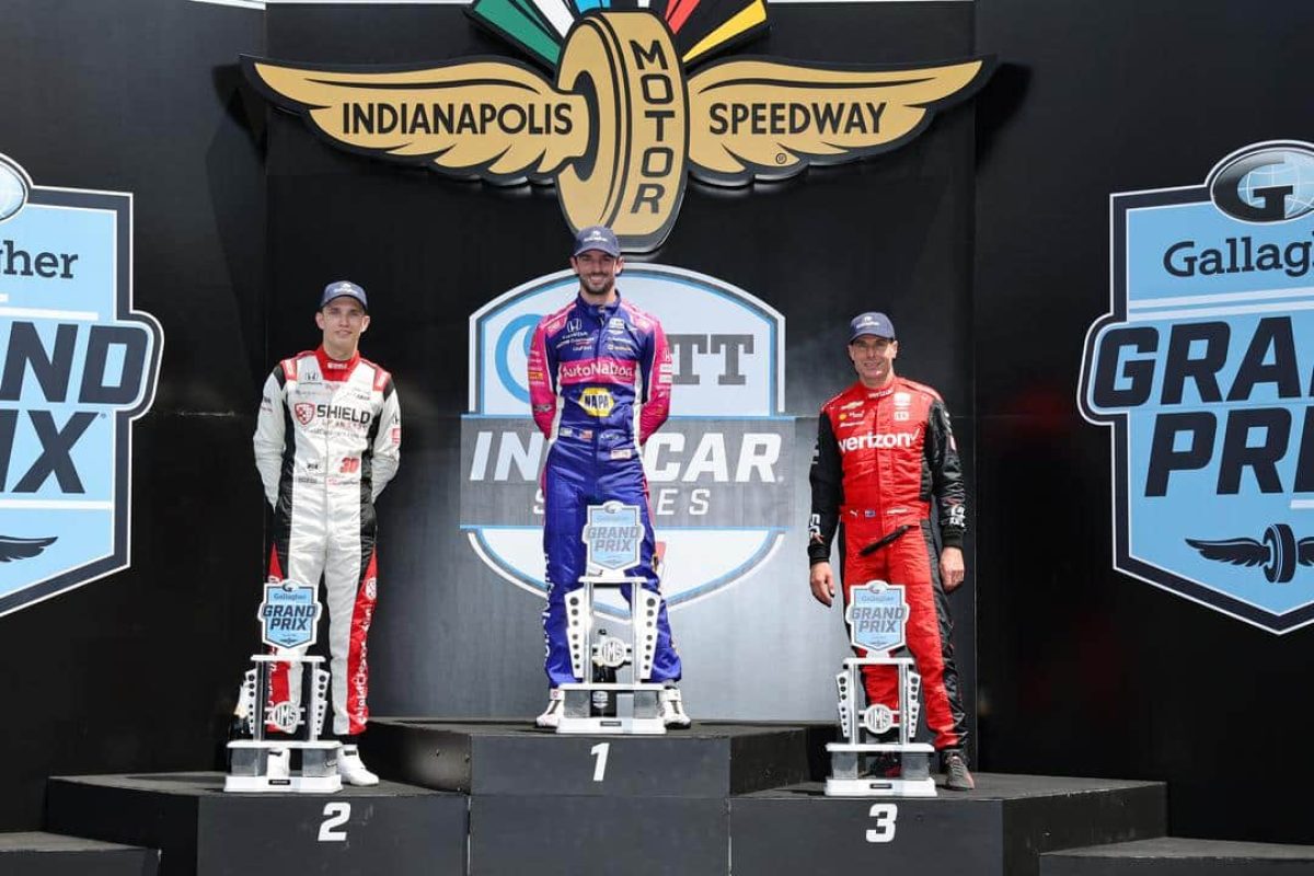 Podium for the 2022 Gallager Grand Prix - Alexander Rossi_ Christian Lundgaard_ and Will Power - Photo by Chris Owens_Ref Image Without Watermark_m66152