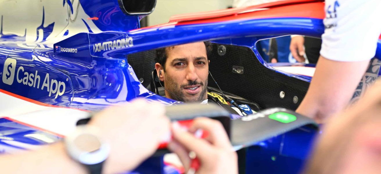 BAHRAIN, BAHRAIN - FEBRUARY 29: Daniel Ricciardo of Australia and Visa Cash App RB prepares to drive in the garage during practice ahead of the F1 Grand Prix of Bahrain at Bahrain International Circuit on February 29, 2024 in Bahrain, Bahrain. (Photo by Rudy Carezzevoli/Getty Images)