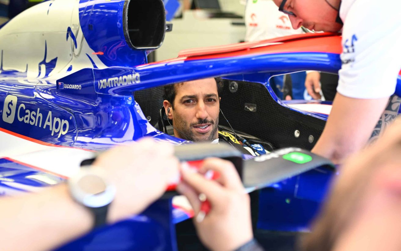 BAHRAIN, BAHRAIN - FEBRUARY 29: Daniel Ricciardo of Australia and Visa Cash App RB prepares to drive in the garage during practice ahead of the F1 Grand Prix of Bahrain at Bahrain International Circuit on February 29, 2024 in Bahrain, Bahrain. (Photo by Rudy Carezzevoli/Getty Images)