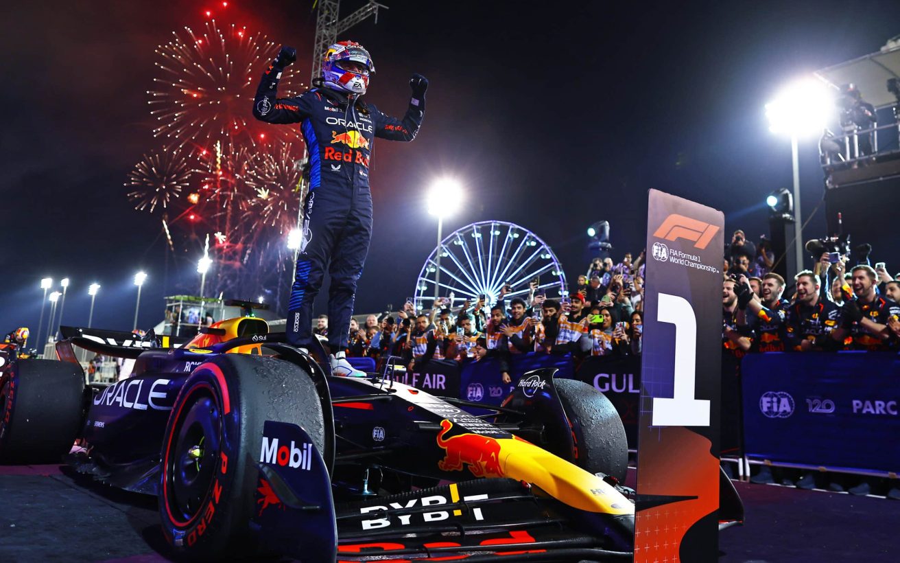BAHRAIN, BAHRAIN - MARCH 02: Race winner Max Verstappen of the Netherlands and Oracle Red Bull Racing celebrates in parc ferme during the F1 Grand Prix of Bahrain at Bahrain International Circuit on March 02, 2024 in Bahrain, Bahrain. (Photo by Mark Thompson/Getty Images) // Getty Images / Red Bull Content Pool // SI202403020445 // Usage for editorial use only //