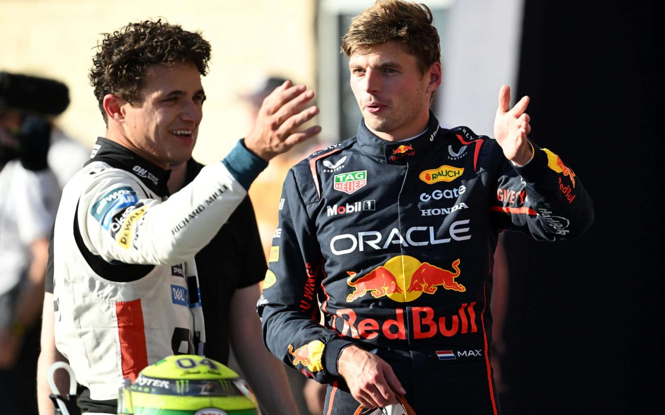 AUSTIN, TEXAS - OCTOBER 18: Pole position qualifier Max Verstappen of the Netherlands and Oracle Red Bull Racing and Second placed qualifier Lando Norris of Great Britain and McLaren talk in parc ferme during Qualifying ahead of the F1 Grand Prix of United States at Circuit of The Americas on October 18, 2025 in Austin, Texas. (Photo by Simon Galloway/LAT Images) // Getty Images / Red Bull Content Pool // SI202510190036 // Usage for editorial use only //