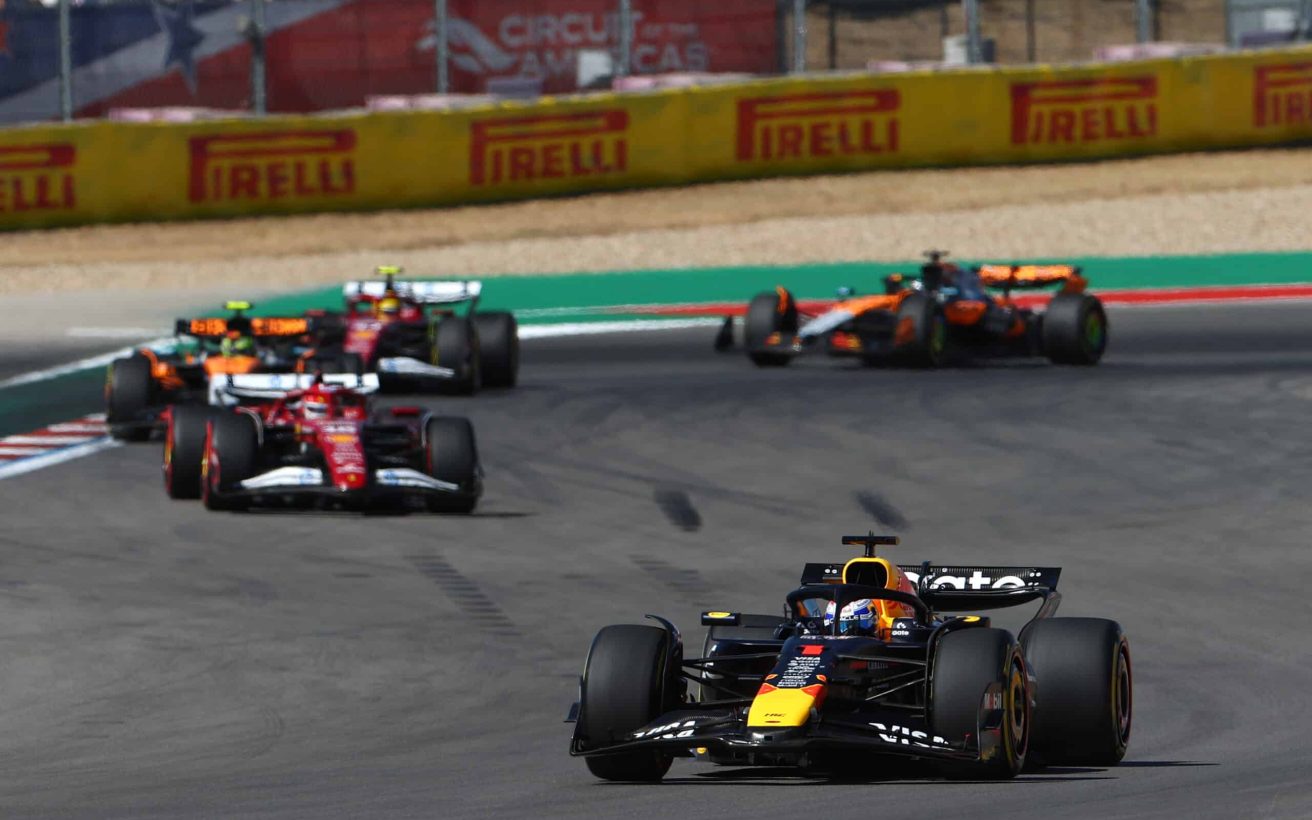 AUSTIN, TEXAS - OCTOBER 19: Max Verstappen of the Netherlands driving the (1) Oracle Red Bull Racing RB21 leads Charles Leclerc of Monaco driving the (16) Scuderia Ferrari SF-25 on track during the F1 Grand Prix of United States at Circuit of The Americas on October 19, 2025 in Austin, Texas. (Photo by Zak Mauger/LAT Images) // Getty Images / Red Bull Content Pool // SI202510191173 // Usage for editorial use only //