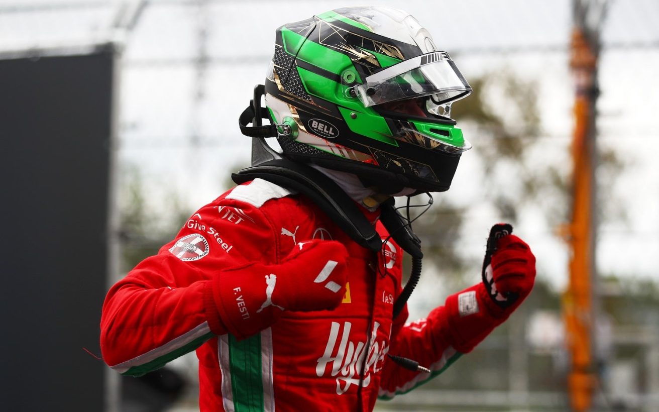 BARCELONA, SPAIN - JUNE 03: Race winner Frederik Vesti of Denmark and PREMA Racing (7) celebrates in parc ferme during the Round 7:Barcelona Sprint race of the Formula 2 Championship at Circuit de Barcelona-Catalunya on June 03, 2023 in Barcelona, Spain. (Photo by Joe Portlock - Formula 1/Formula Motorsport Limited via Getty Images)